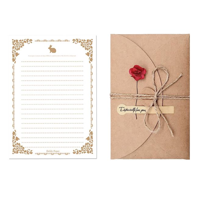 BTtime Letter Set, 10 Envelopes, 20 Paper Letters, Fashionable, Kraft Paper, Antique Style, Message Cards, Stationery, Love Letters, Artificial Flowers, Sympathy, Birthday, Invitations, Weddings, Celebration Letters, Thank You Cards (Rose)