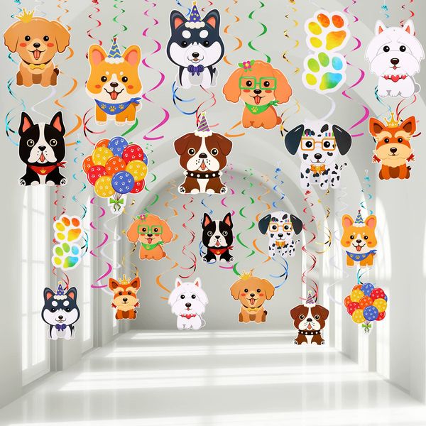 Nezyo 30 Pcs Dog Paw Prints Puppy Hanging Swirls Ceiling Streamers Decorations Dog Birthday Party Supplies Dog Hanging Paper Cutout Garland Banner Party Favors with Cards for Girl Boy Kid Baby Shower