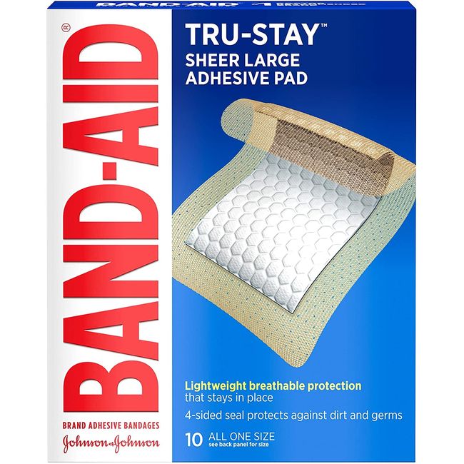 Band-Aid Tru-Stay Adhesive Pads, Large Sterile Bandages for Wound Care, 10 Count