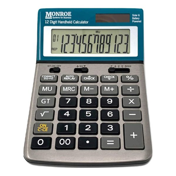 Monroe Handheld 12-Digit Paperless Calculator with Check and Correct Functionality