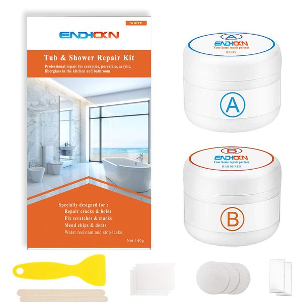 Bathtub Repair Kit White 140g, Endhokn Ceramics Enamel Fiberglass Porcelain Acrylic Repair Kit, Tile Tub Sink and Shower Repair Kit for Scratch, Holes, Cracks