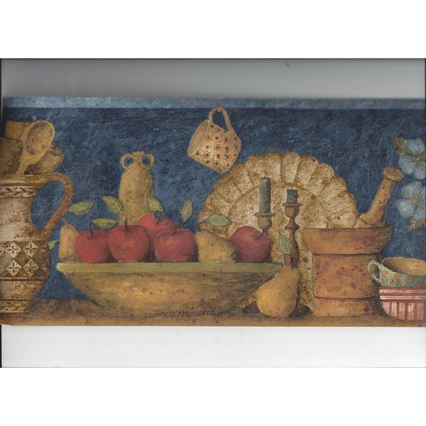 * WALLPAPER BORDER KITCHEN SHELF APPLE POTTERY CROCKS CANDLE CUP NEW ARRIVE PEAR