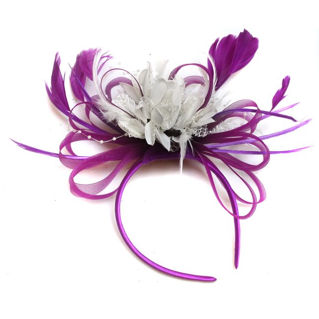 Caprilite Fashion Plum Magenta and White Turquoise Feather Hair Fascinator Headband Wedding Royal Ascot Races Ladies