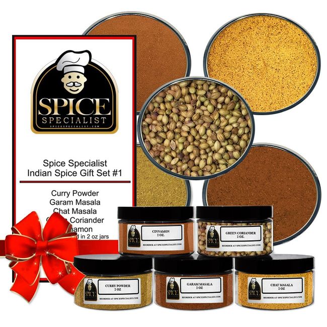 Indian Spice Gift Set #1 - Contains: 5 Plastic Jars (1 each of: Curry Powder, Garam Masala, Chat Masala, Green Coriander and Cinnamon.)