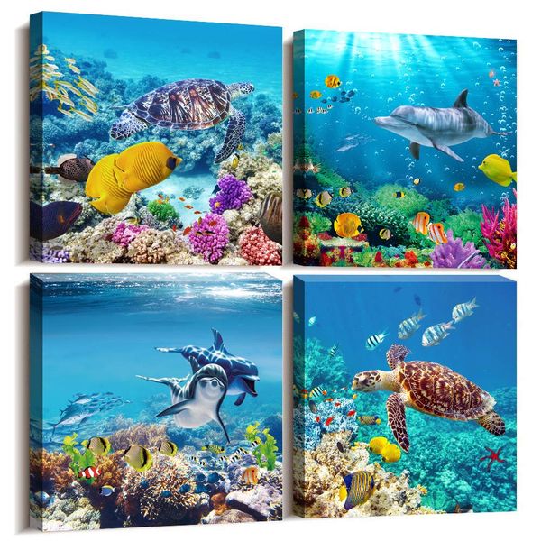 Canvas Wall Art for Living Room- family Bedroom Canvas Pictures Artwork Bathroom Wall Decor- 4 Panels Coral and Sea Fish and Turtles Ocean Theme Stretched and Framed Ready to Hang Modern Home Decor