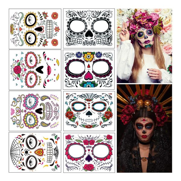 Halloween temporäre Gesicht Tattoos Makeup Kit, 8 Blatt Tag des toten Zuckerschädels Rote Rosen Tattoos für Männer und Frauen (Face stickers)