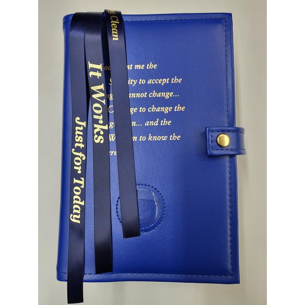 Blue DELUXE Triple NA Book Cover for The Basic Text (6th Ed), It Works, How and Why and Living Clean with Serenity Prayer and Medallion Holder.