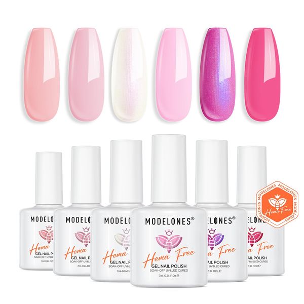 modelones Hema Free Gel Nail Polish, 6 Colors Pink Gel Nail Polish Set Hot Pink Tones Gittler Neon Pink White Gel Polish Non-Toxic&Vegan Nail Polish Soak Off Led Summer Nail Gel Polish for Women Girl