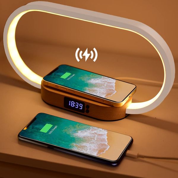 Wanjiaone Nachttischlampe mit Ladefunktion, Nachttischlampe mit Uhr und USB-Aufladung, 10W Wireless Charger, 3 Farbmodi, Tischlampe Touch Dimmbar für Schlafzimmer Büro, Holz&Weiß