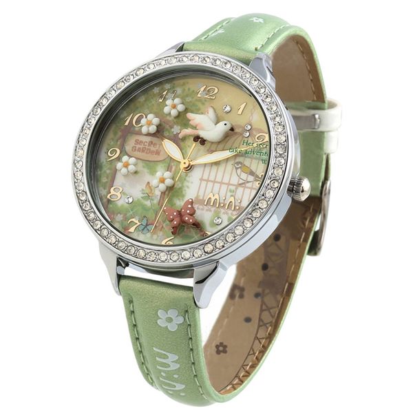 DREAMING Q&P Handmade Girl's Leather Wrist Watches for Women 3D Polymer Clay Spring Flying Bird Green Relogio