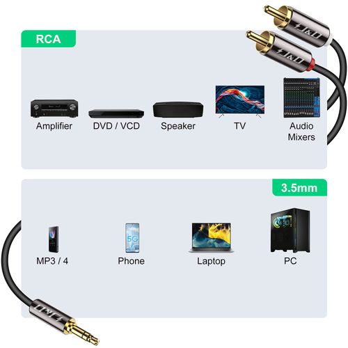 J&D RCA Audio Cable, 3.5mm Male to 2 RCA Phono Male Stereo Audio Adapter Aux Cable Gold-Plated Copper Shell Heavy Duty, 3.5mm to 2-Male RCA Adapter Audio Stereo Cable, 3 Feet
