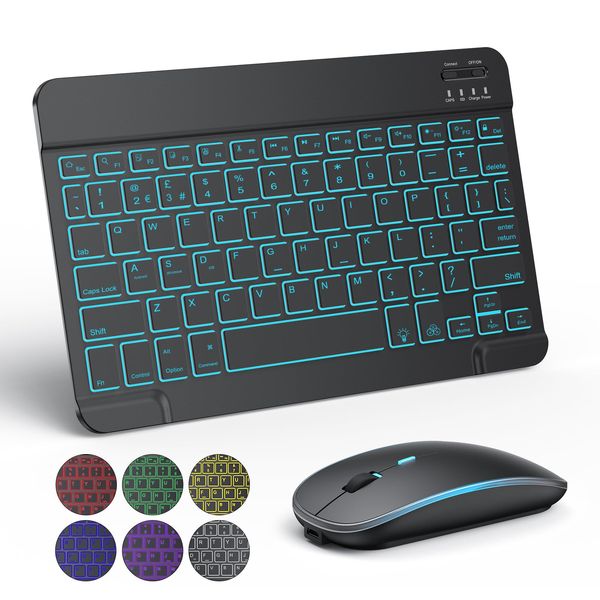 TECURS Bluetooth Keyboard and Mouse Set - Quiet Rechargeable Wireless Keyboard and Mouse Combo with 7-Color Backlit Compatible with Windows/Android/iOS, Ultra-Slim, QWERTY UK Layout, Black