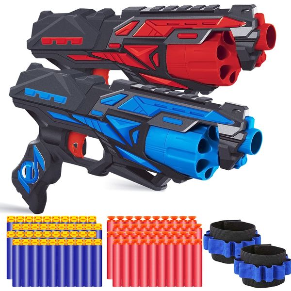 POKONBOY 2 Pack Blaster Toy Guns for Boys Fit for Nerf Guns Darts, 6-Dart Rotating Barrel Foam Bullets Hand Gun Toys with 80 Refill Darts and 2 Wristbands Gifts for 6 7 8 9 10 Years Kids Christmas