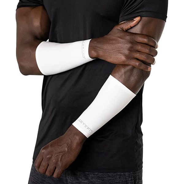 Artefit Forearm Sleeves - Compressions Short Arm Sleeves - UV Protection (White, M)