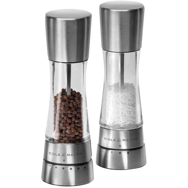 Cole & Mason Derwent Salt and Pepper Mills, Adjustable Grind Settings, Gourmet Precision+, Stainless Steel/Acrylic, 190 mm, Gift Set, Includes 2 x Salt and Pepper Grinders