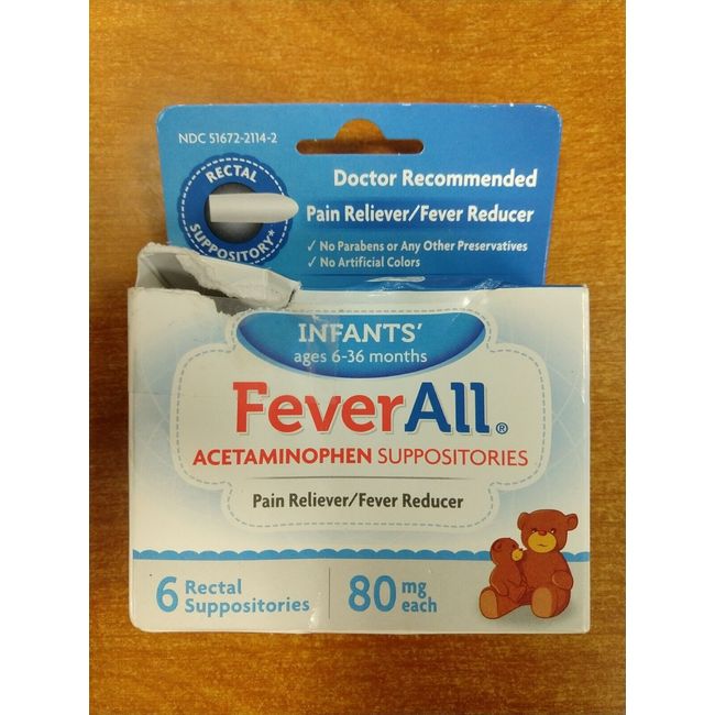 FeverAll Acetaminophen Suppositories 6 Rectal Suppositories Exp. 2/26 DAMG -E17B