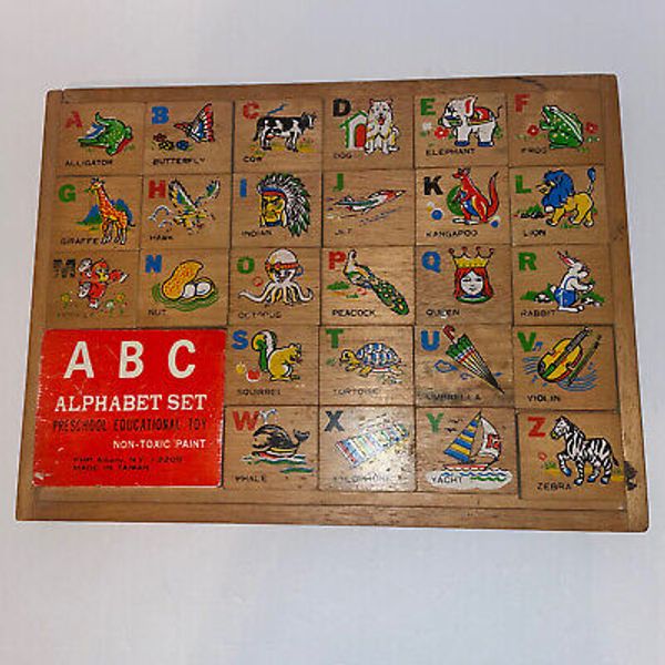 Vintage ABC Wood Alphabet Block Puzzle Set Preschool Educational Toy Taiwan 12”