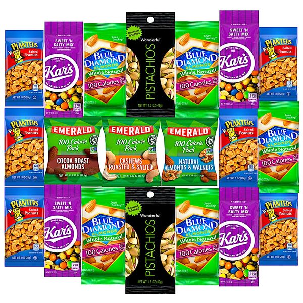 Healthy Snacks Care Package Grab And Go Variety Nuts Pack (20 Count) Include Wonderful Pistachios, Emerald Nuts, Almonds, Planters Peanuts , Blue Diamoond Almonds, Kars Nuts & More