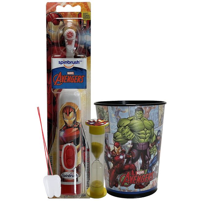 Avengers Battery Powered Bundle featuring IronMan with 2 Minute Timer, Matching Avengers Rinse Cup, Tooth Saver Necklace, and Bag for when on the Go!