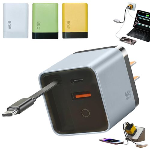 3 in 1 Gan Charger, Scalable 80w Max Fast Charger Module, Charger Retractable Wall Plug with Type-C Cable and 2 USB Ports for Phones, Tablets (White)