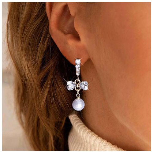 Sttiafay Vintage Crystal Pearl Dangle Earrings Rhinestone Bow Drop Earrings Cz Pearl Earrings Gold Pearl Bow Stud Earrings Jewelry for Women and Girls