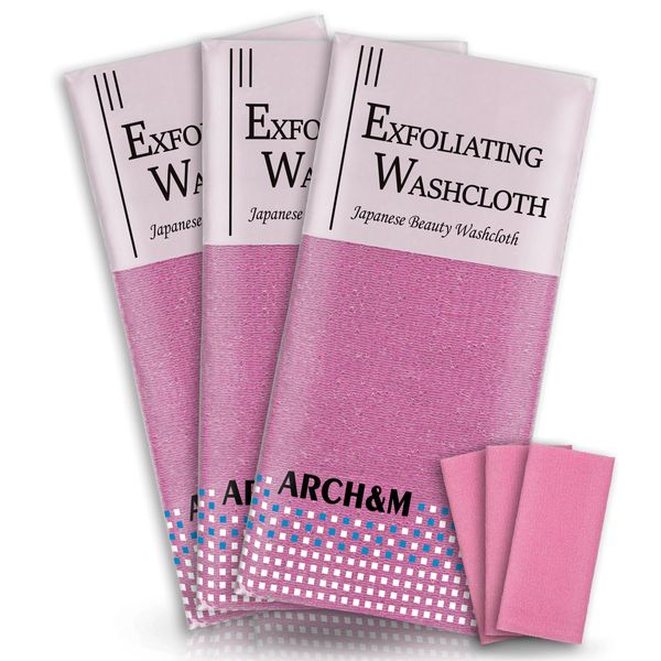 ARCH&M Exfoliating Washcloth Exfoliating Body Scrubber Back Scrubber for Shower Japanese Bath Wash Cloth Korean Exfoliating Luffah Towel Beauty Washcloth Sponge Loofah Body Scrub 3 Pack (Pink x 3)