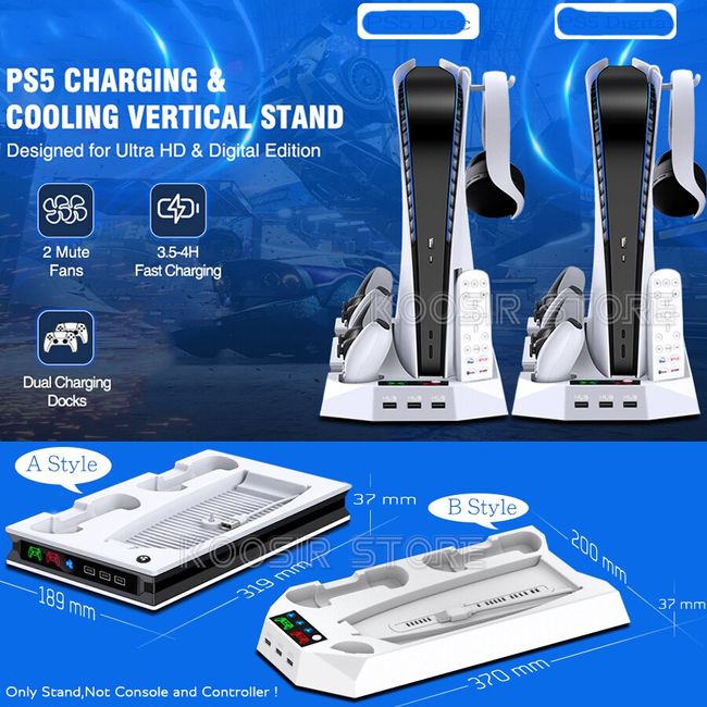  PS5 Stand Cooling Station with 13 Game Storage,Dual Fast PS5  Controller Charging Station with Cooling Fan, PS5 Cooling System PS5  Accessories Vertical Stand for Sony Playstation 5 Digital/Disc Edition :  Video
