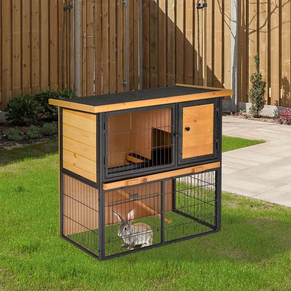 Wood-metal Rabbit Hutch Elevated Pet House Guinea Pig House Outdoor 89.5x45x81cm