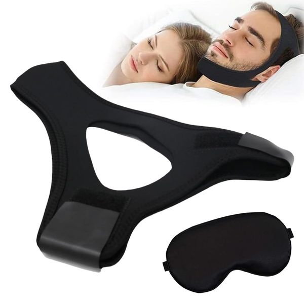 Anti Snoring Chin Strap, Anti Snoring Devices, Breathable Chin Strap for Sleeping, Adjustable Airflow Jaw Strap and Eye Pad, Snoring Aids for Men and Women(2pcs/Set)