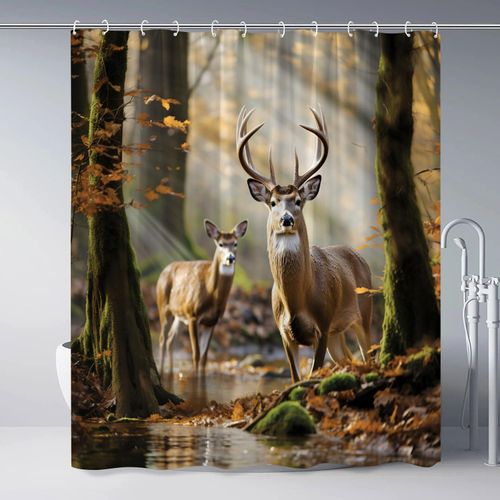ZZYSKS Fall Forest Deer Shower Curtain Elk Moose Rustic Reindeer Autumn Nature Scenic Wildlife Camping Hunting Country Farmhouse Lodge Cabin Wild Animal Bathroom Decor Set with Hooks 70Wx70H Inch
