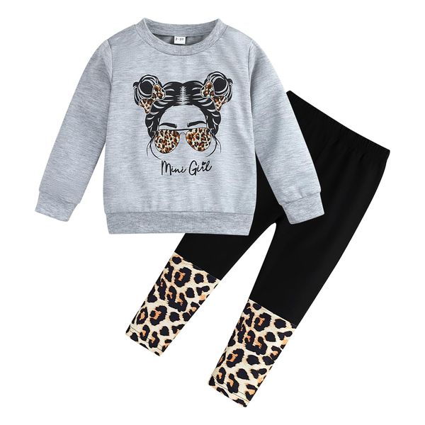 KIDLAGA Toddler Girl Clothes Figure Graphic Drop Shoulder Top Pullover Leopard Print Pants Spring Outfit Set(5-6T)