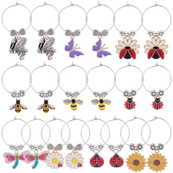 [BENECREAT] 20pcs 10 Styles Wine Glass Charm Markers Insect Flower Metal Identifier Bee Butterfly Sunflower Mark Marker Accessories for Party Cup Wine Restaurant