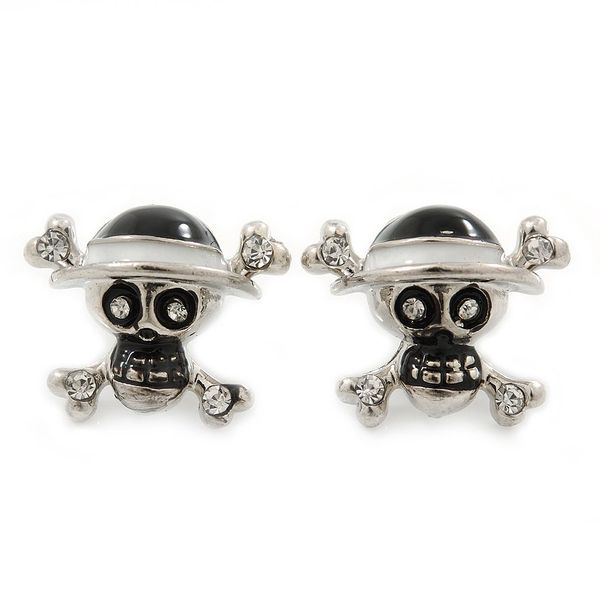 20mm L/Black/White Enamel Skull & Crossbones Stud Earrings/Silver Tone