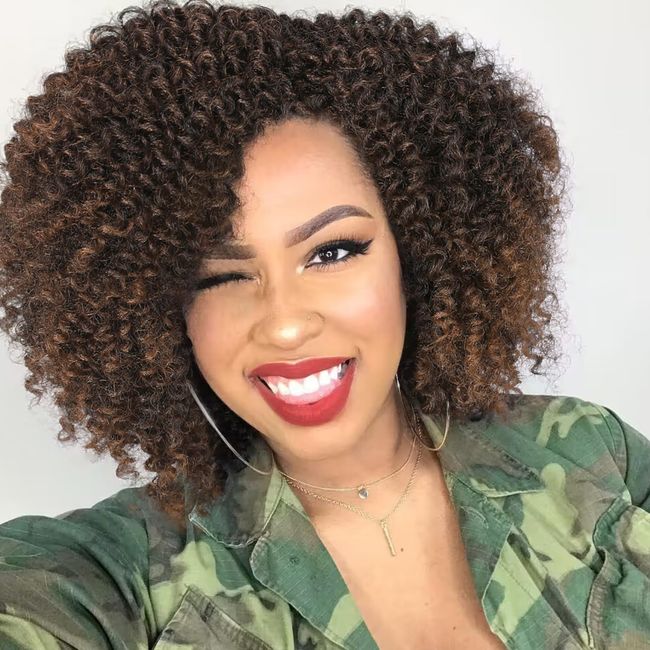 WIGER 6 inches Short Kinky Curly Wigs Ombre Brown Side Part Twist Out Wigs Afro Curly Wigs for Black Women Synthetic Wigs for Women Daily Use(1B/30)