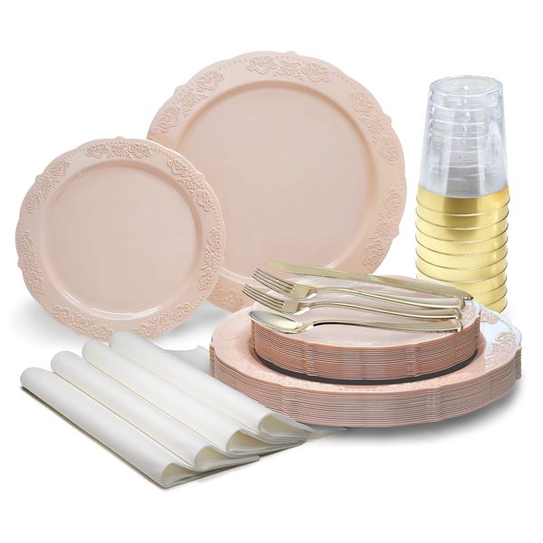 " OCCASIONS" 320 Piece set (40 Guests)-Vintage Wedding Party Disposable Plastic Plates & cutlery -40 x 10.25''+ 40 x 7.5''+Silverware+Gold rim Cups+Napkins (Portofino Blush/Antique Rose)