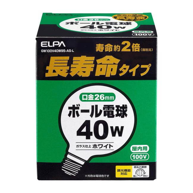 ELPA GW100V40W95-AS-L Long Life G95 Ball Bulb, Lighting, 420lm, 40W, E26 Light Bulb, Color Bulb, Indoor Use