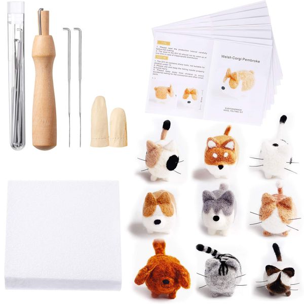 WILLBOND 10 Pieces Needle Felting Kit for Beginner Wool Felting Supplies with Instructions Doll Making Manual Felting Foam Mat for Craft Birthday Gift Home, 10 Styles