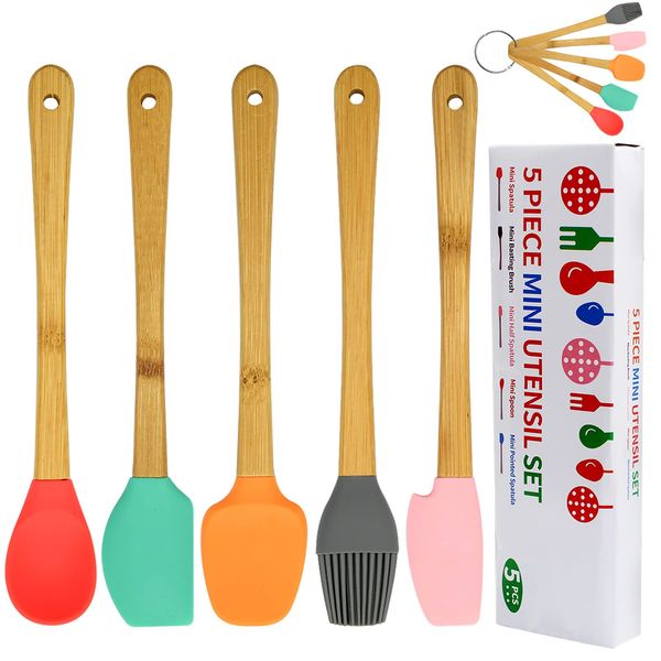 Hioph 5 Pack Mini Silicone Spatula Set, Premium Beechwood Kitchen Utensil Kit Heat Resistant Non-Stick Bamboo Handles Brush Spoon Shovel for Mixing Cooking Baking