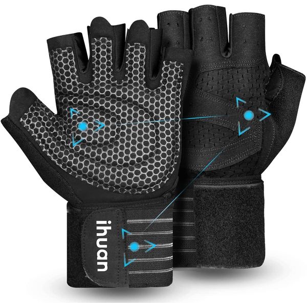 ihuan Ventilated Weight Lifting Gym Workout Gloves with Wrist Wrap Support for Men & Women, Full Palm Protection, for Weightlifting, Training, Fitness, Hanging, Pull ups (Medium, Black)