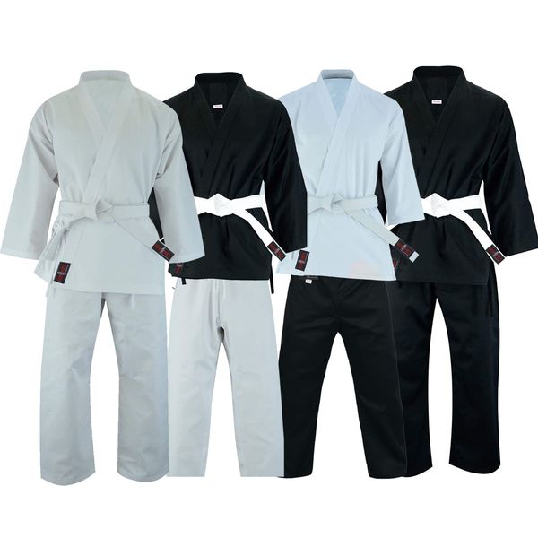 VADER Mixed Karate Suits White/Black Karate Gi for Kids/Adults Pollycotton Medium Weight Karate Uniform Club Training Competition Martial Arts Suit with Free White Belt (White/Black, 2/150cm)