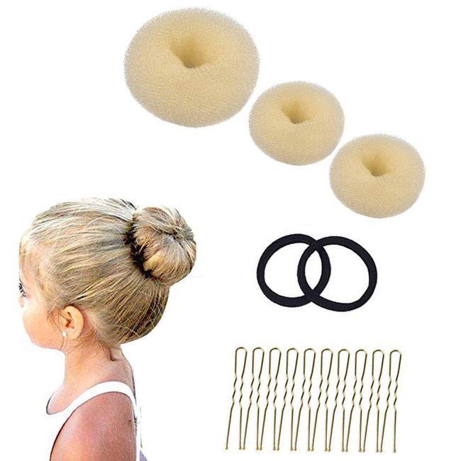 3 Stück Donut Hair Bun Maker Set mit 2 elastischen Haarband, 10 U-Form Haarspange Haarnadel, Duttkissen, Dutt Maker für Kinder Mädchen Frauen (beige)