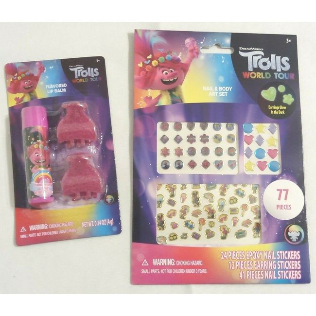 Trolls flavored lip balm + 2 hair clips + Nail and Body Art Set Stocker Stuffer