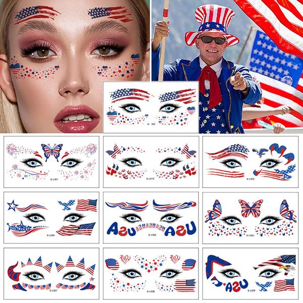 4th of July Face Tattoo Stickers for Kids Adults, 10 Sheets Independence Day Temporary Tattoo Red White Blue USA Flag Patriotic Party Supplies Fake Tattoos for Eye Makeup Face Decor