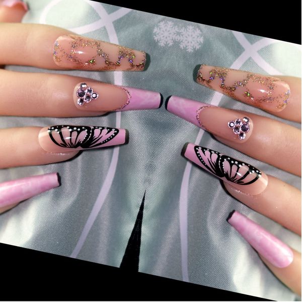 Long Fake Nails Stick on Pink French Coffin False Nails,24 Pcs Ballerina Butterfly Press on Nails with Rhinestones,Fake Nails with Nail Glue Stickers Artificial Glitter False Nails for Women Girls