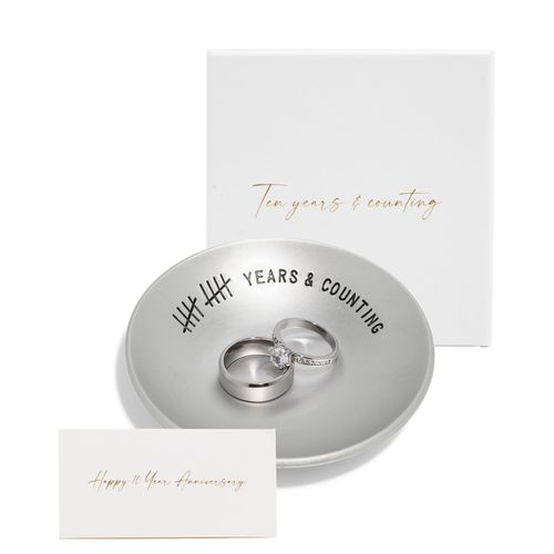 PureRejuva 10th Anniversary Tin Gifts – 4 In., Engraved, Aluminum Wedding Ring Holder Dish & Gift Box – 10 Year Anniversary for Him & 10 Year Anniversary for Her Smooth Style