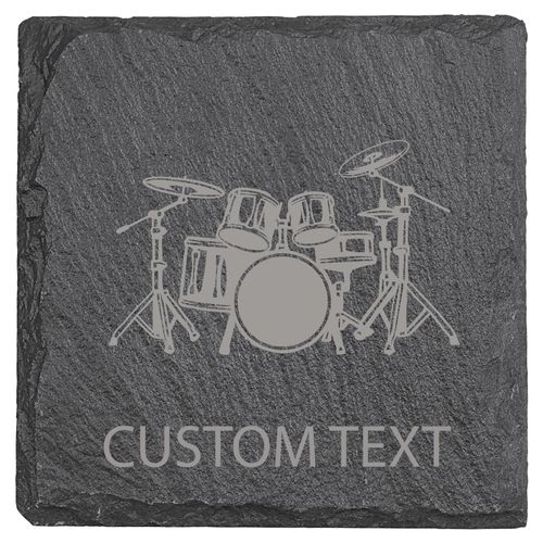 Drums Band 4" x 4" Natural Laser Engraved Square Scratch Resistant Food-Safe Charcoal Gray Slate Coasters with Chipped Edges, 4-Pack