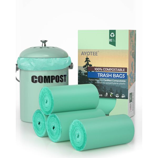 AYOTEE 100% Compostable Trash Bags, 100 Count Small Compost Bags 1.3 Gallon, 5-6L Small Trash Bags Compostable Bags for Kitchen Compost Bin, Meeting ASTM D6400 Standards and Certified By OK Compost