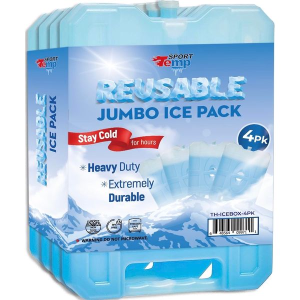 Sport Temp Reusable Jumbo Ice Pack (Set of 4) Long Lasting - Perfect for Keeping Food Or Beverages Cold, Coolers, Camping, Beach Coolers, Hiking & More. Clear Blue.