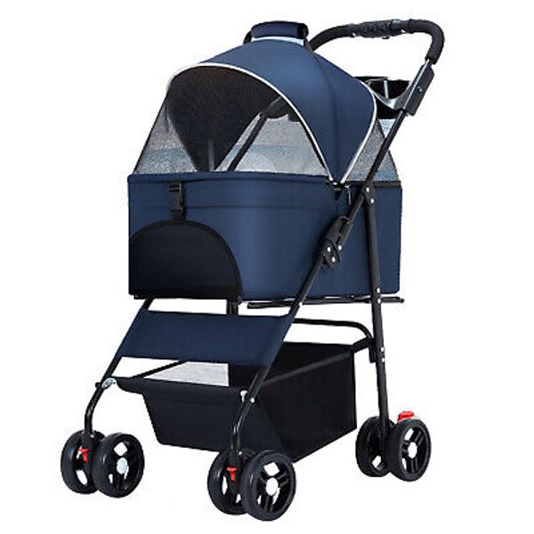 Pet Dog Stroller Travel Carriage 4Wheels W/Foldable Carrier Cart & Cup Holder