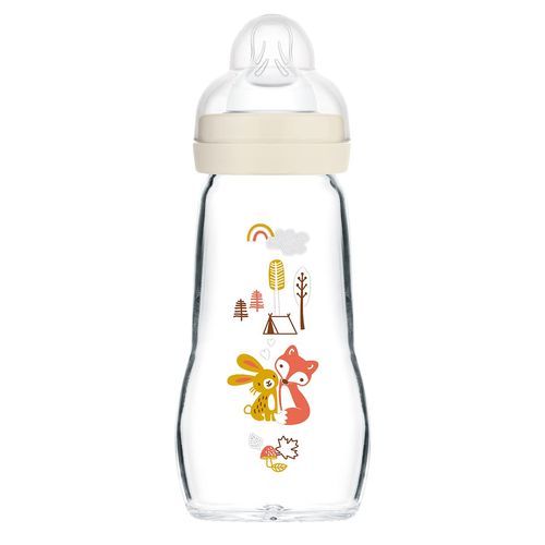 MAM Feel Good Glass Bottle Pack of 1 (1 x 260 ml), MAM Bottle with Medium Flow MAM Teats Size 2, Newborn Essentials, MAM Baby Bottles for 2+ Months, White
